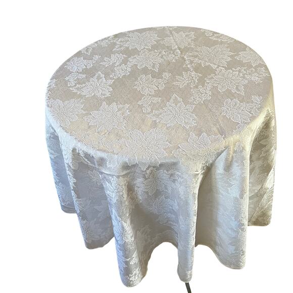 MCM vintage white damask tablecloth poinsettia floral cotton blend Holiday x-mas - Picture 1 of 6